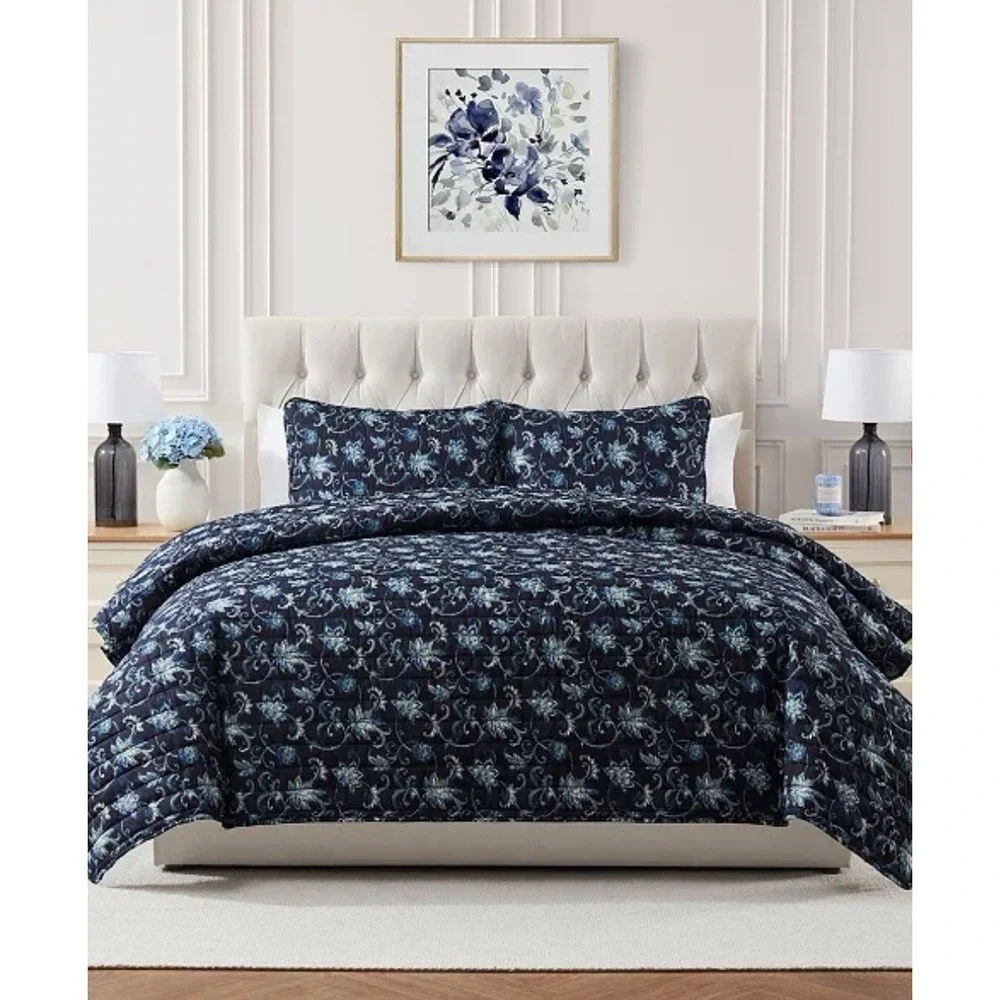 Seventh Studio Vancie Navy Floral 3-Pc. Quilt Set King Size 104X 90 Inches NEW